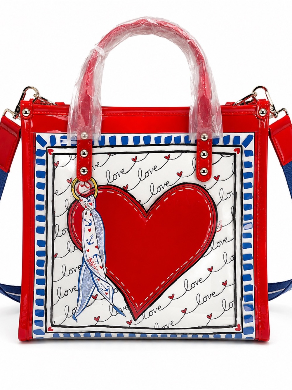 Brighton Striped Love Vinyl Tote Crossbody Bag Red Blue NWT